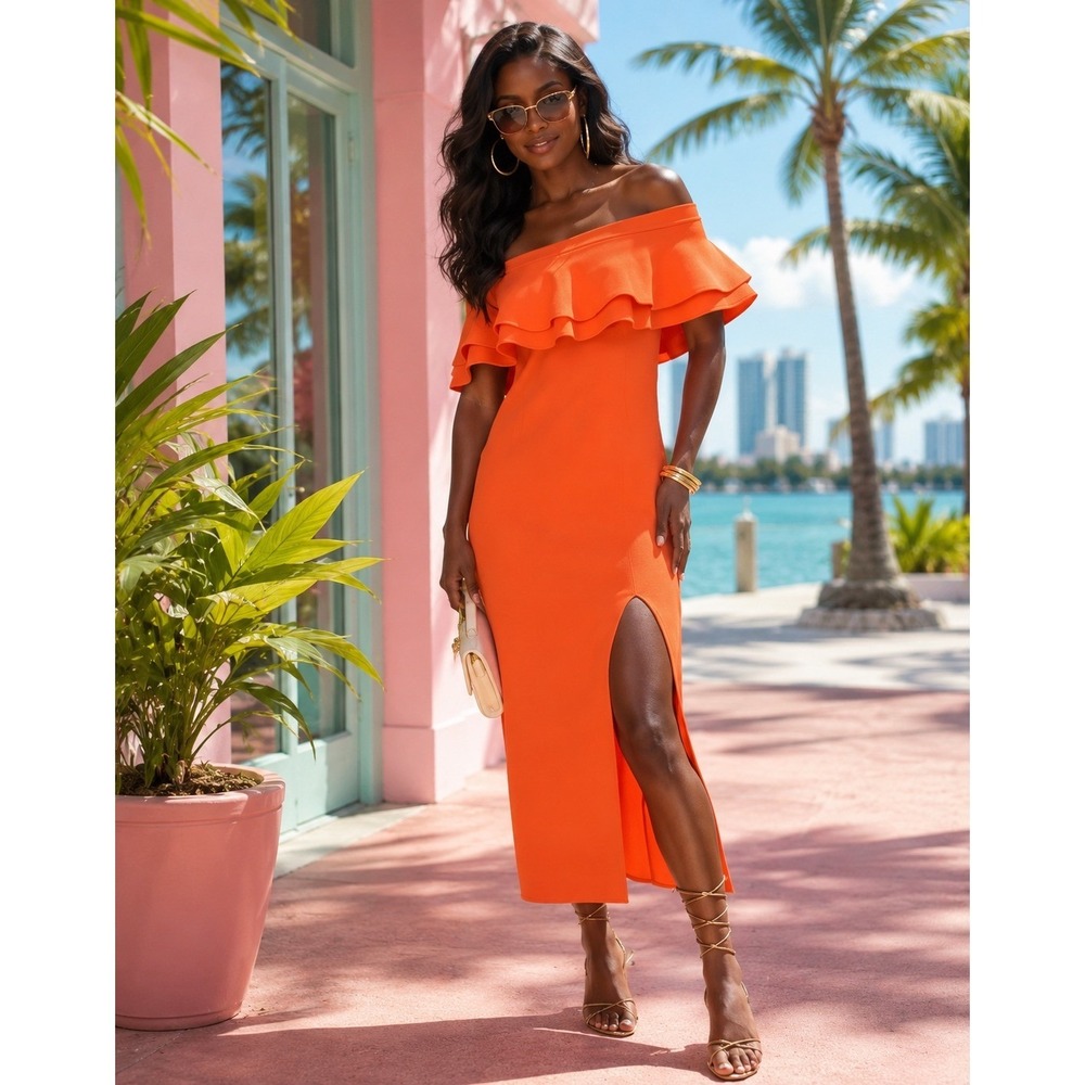 VICI Orange Ruffle Off Shoulder Midi Dress Slit Resort Wedding Guest Summer XS